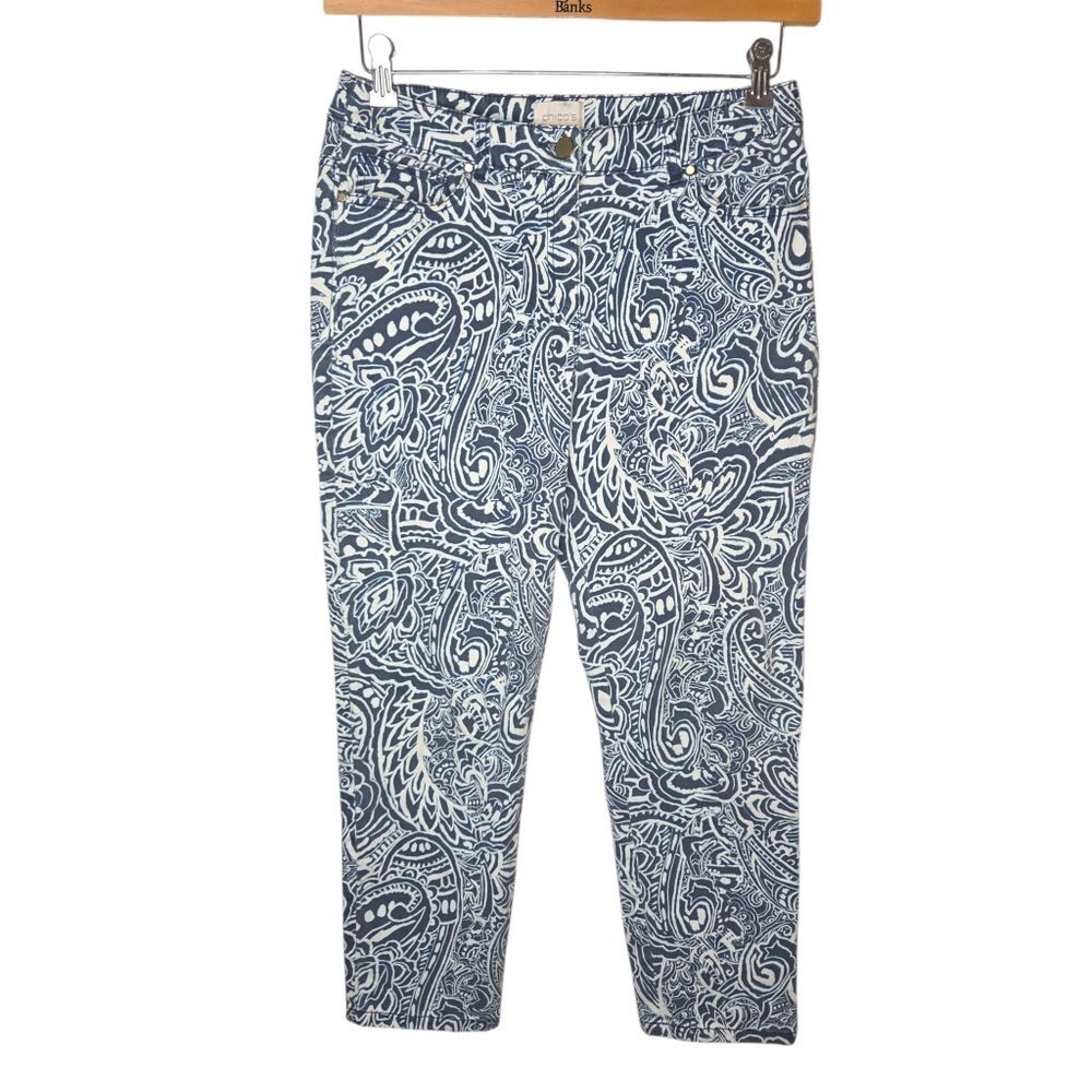 Chico's Blue White Paisley Skimmer Pants, Size 0.5 Small, Stretch Cropped Capri
